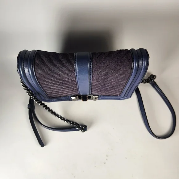 REBECCA MINKOFF Mini Love Chevron Quilted Crossbody Bag Blue Leather Purse - Picture 11 of 13